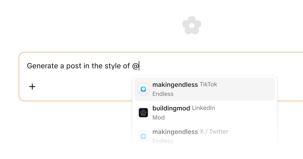 MOD's interface displaying connected social accounts with automatic brand voice analysis, showing how the AI generates content that matches each account's unique style without manual prompting